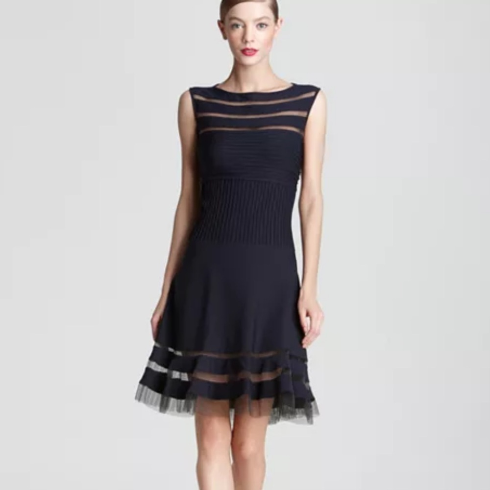TADASHI SHOJI NAVY BLUE BOAT NECK FLIP HEM DRESS WITH MESH SZ XL